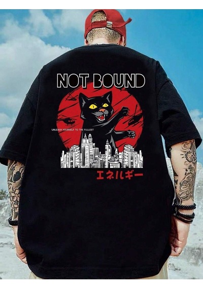 Flood Of Style Erkek Siyah Not Bound Kedi Baskılı Oversize