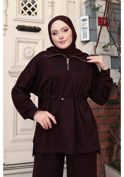 Balenbi Kadın Oversize Kesim Fermuarlı Yaka Bel Stoperli Modal Takım 1234 Kahverengi