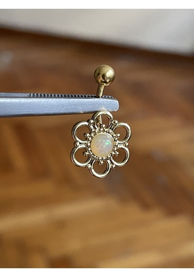316 L Cerrahi Çelik Gold Rengi Yonca Model Opal Taşlı Göbek Piercingi Opal Taşı Piercing Mavi