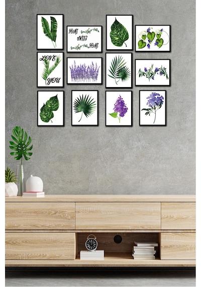 No77decor 12 Parça Yeşil Yaprak Tarzında Tablo Seti