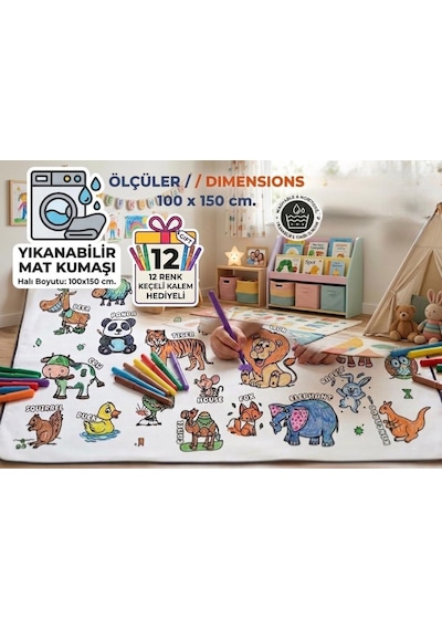 Boya Beni Yıkanabilir 100x150 Cm 12 Farklı Renkli Keçeli Kalemli Eğitici Oyuncak Boyama Halısı