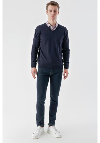 Slimfit V Yaka Düz Basic Model Pamuklu Erkek Uzun Kol Triko Kazak 001