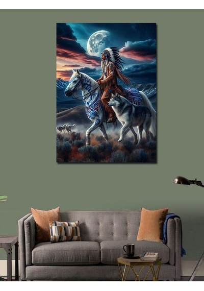 Kanvas Tablo Kızılderili Adam Ve Atı 100cmx140cm