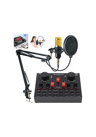 V8s Canlı Yayın Ses Kartı Kondenser Mikrofon Bluetooth Mikser Set