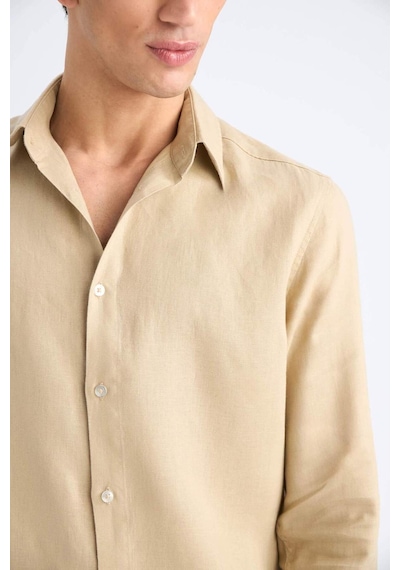 DeFacto %100 Keten Regular Fit Polo Yaka Yazlık Uzun Kollu Gömlek D9925AX25SPBG732
