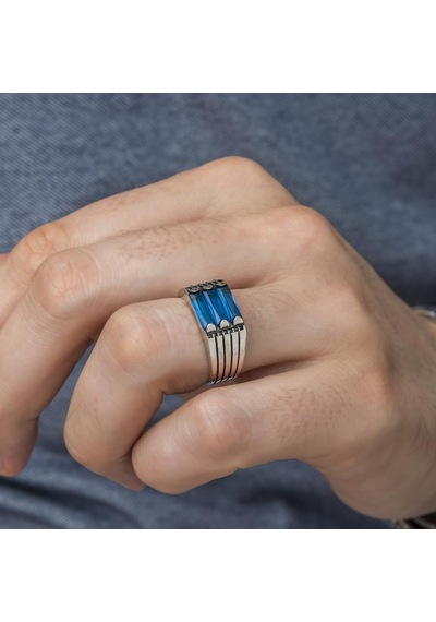 3 Sıra Baget Taşlı Mavi Taşlı 925 Gümüş Erkek Yüzük Beyaz