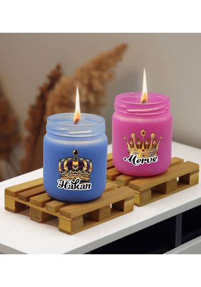 Bk Gift Kişiye Özel Dtf Kral Kraliçe Tacı 2 Li Mavi Ve Pembe Renkli Cam Kavanozda Kokulu Mum-1, Arkadaşa Hediye, Sevgiliye Hediye