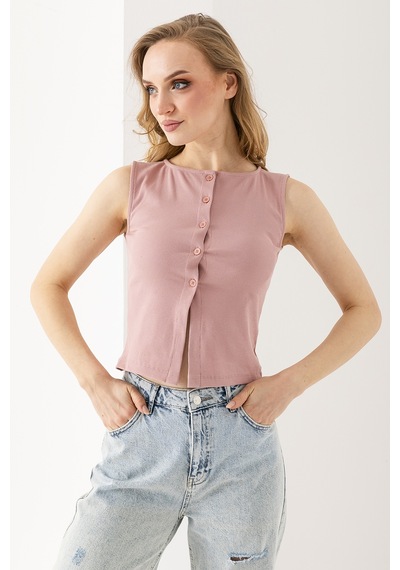 Giysa Kadın Bisiklet Yaka Düğmeli Fitilli Body Pembe - 25y 2457 Şeker Pembe