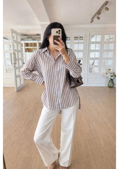 Lijuri Çizgili Oversize Basic Gömlek 3504 Mavi
