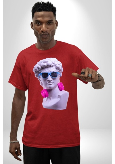 Kulaklık Gözlük Pop Art Heykel Pamuklu Bisiklet Yaka Unisex Oversize Boyfriend Dijital Baskılı Kırmızı T-shirt Kırmızı