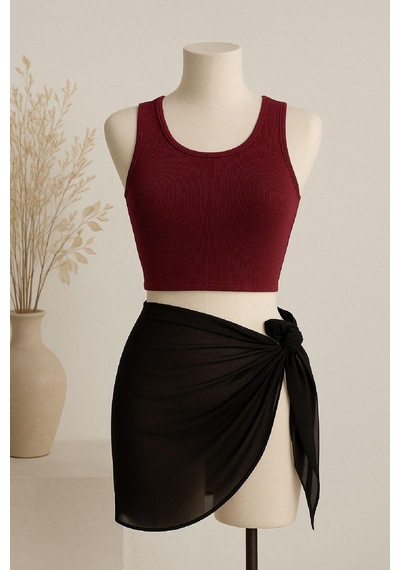 Moda Dua Kadın Bordo Yuvarlak Yaka Crop Ve Siyah Pareo 2'li Set