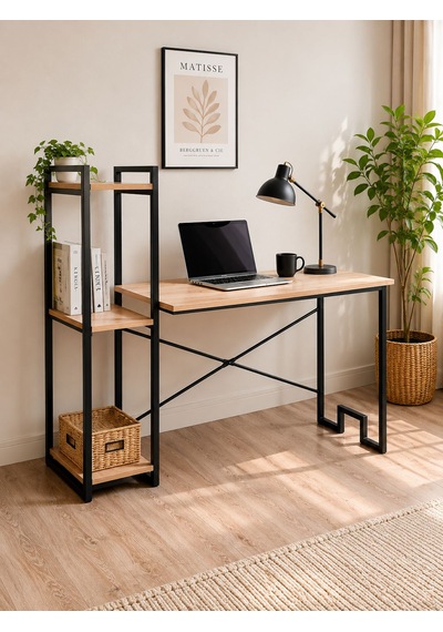 Raflı Çalışma Masası Kitaplıklı Bilgisayar Masası Metal Ayaklı Home Office Ofis Masası Siyah - Siyah Raflı Çalışma Masası Kitaplıklı Bilgisayar Masası Metal Ayaklı Home Office Ofis Masası Siyah - Siyah