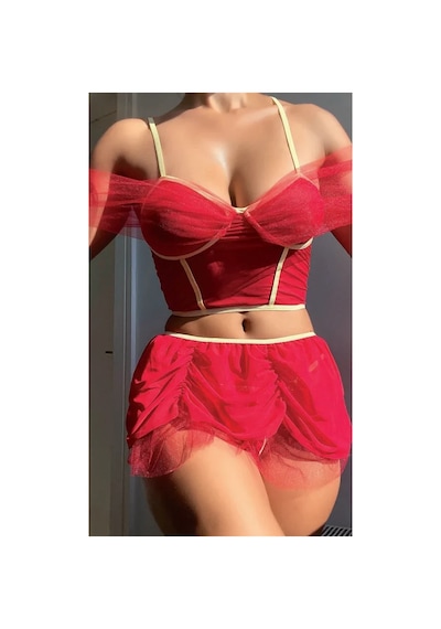 Angbutik Mini Etekli Bustiyerli Takım Kırmızı