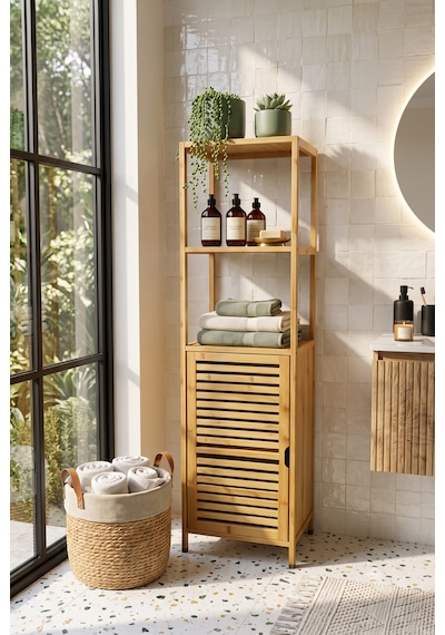 Bambu Tek Kapaklı 3 Raflı Çok Amaçlı Banyo Düzenleyici Organizer Dik Dolap Bej