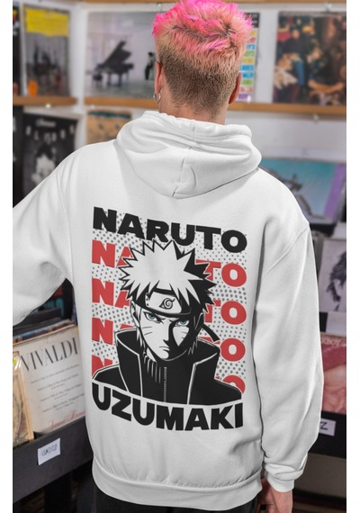 Sevbano Naruto Uzumaki Anime Sırt Baskılı Unisex Oversize Penye Hoodie beyaz