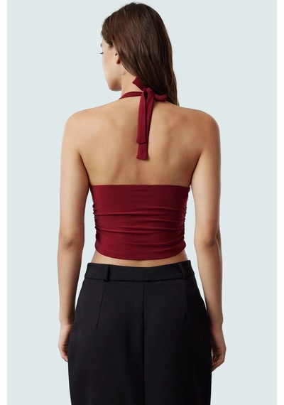 Ersefa Vücuda Oturan Boyundan Bağlamalı Crop Bluz Polyester Elastan Sand bordo