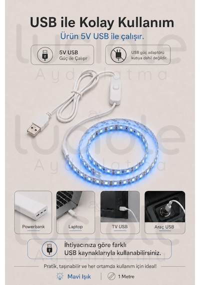 1 Metre 5v Usb Mavi Şerit Led Aç Kapa Anahtarlı Tv Arkası Gaming Masa Araç Dekoratif Işık
