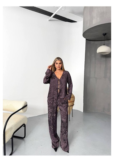 Kechi Woman Leopar Desenli Bağlamalı Saten Takım Kahverengi