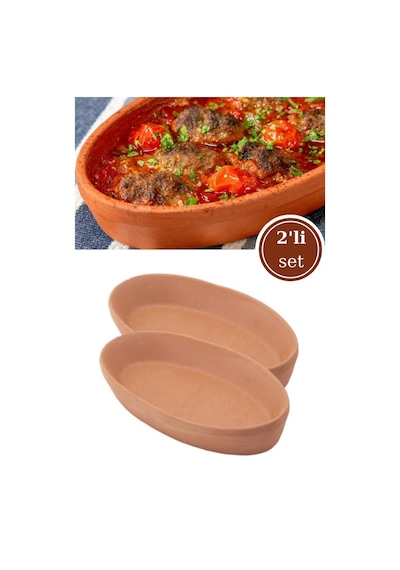 Elizi Çömlekleri 2 Adet Toprak Kayık Kase, Kayık Güveç Fırın Kabı 2 Li Set Orta Boy 26x14cm Toprak
