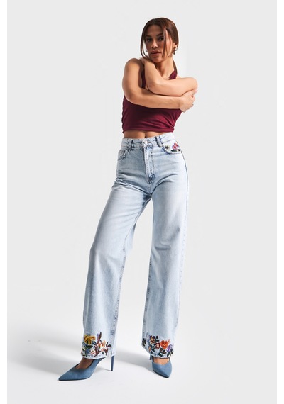 Itsbasic Kadın Ice Kot Rengi 4s5-3 Straight Fit Çiçek Nakışlı %100 Koton İç Boy 80 Cm Tasarım Denim Jean Buz Mavi