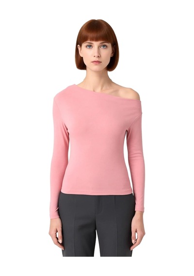 Ersefa Moda Kayık Yaka Örme Slim Çizgili Desen Casual Günlük Regular Uzu Gül Kurusu