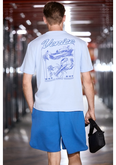 Grımelange Roomy Erkek %100 Organik Pamuklu Yuvarlak Yakalı Baskı Detaylı Comfort Fit Mavi T-shirt