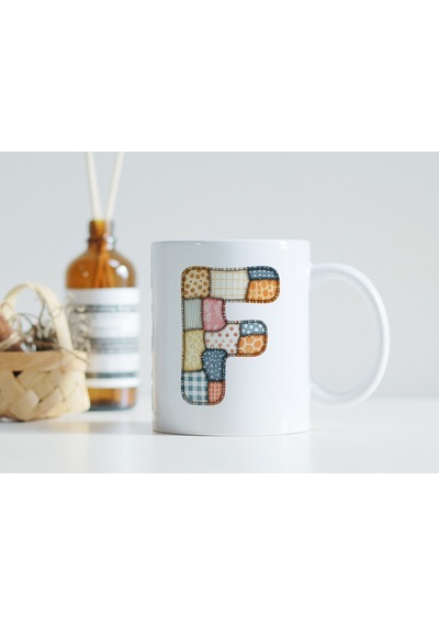 F Harfi Renkli Yamalı Tasarım Kupa Bardak - Bohem Patchwork Desenli Kupa - Etnik Hediyelik Beyaz