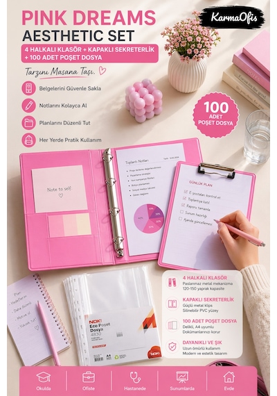 Pink Dreams Aesthetic Kırtasiye Seti A4 4 Halkalı Klasör + Kapaklı Sekreterlik + 100 Adet Poşet Dosya Pembe Pvc Organizer Set