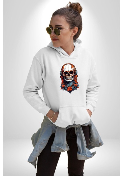 Müzik Kulaklık Takan Kurukafa Kırmızı Gül Kadın Erkek Beyaz Kapüşonlu Sweatshirt Hoodie Beyaz