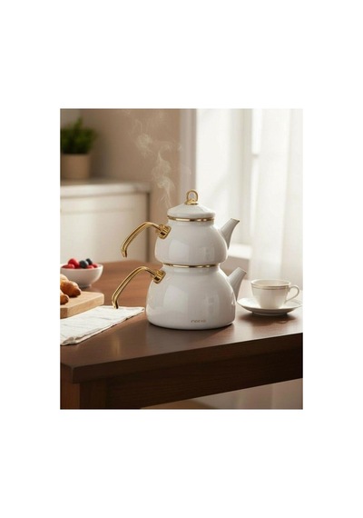 Premium Dembu Emaye Çaydanlık Demlik Seti White Gold-6374 Beyaz