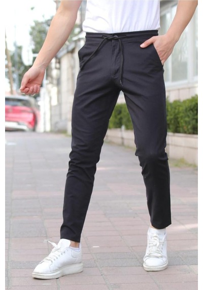 Tarz Cool Erkek Eganis Ipli Jogger Düğmeli Kumaş Pantolon Siyah
