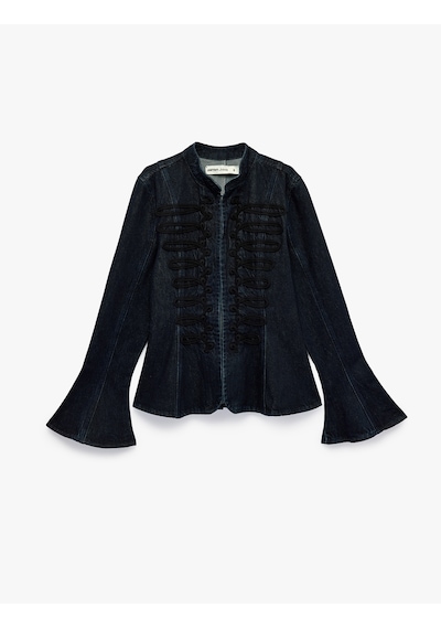 Koton Dik Yaka Uzun İspanyol Kollu Fermuarlı Peplum Denim Ceket Napolyon Kapamalı Raw 7wal50039md 63x