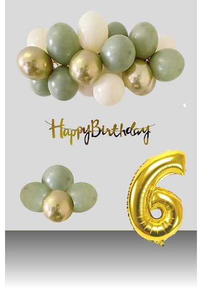 6 Yaş Retro Krom Gold Küf Yeşili Kum Beji Balon Happy Birthday Banner Gold Rakam Doğum Günü Süsleme Çok Renkli