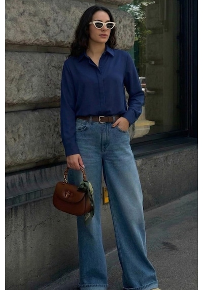 Lacivert Modern Kesim Kadın Gömlek Mg2674