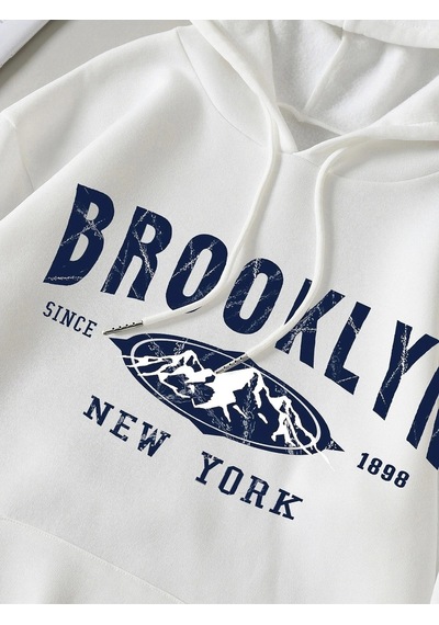 Startmore Unisex Beyaz Brooklyn Baskılı Kapüşonlu Sweatshirt Beyaz