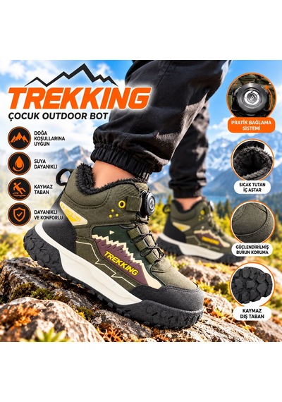 Tutınom Çocuk Mekanizma Bağcıklı Sportif Tasarım İçi Tüylü Outdoor Trekking Bot Haki