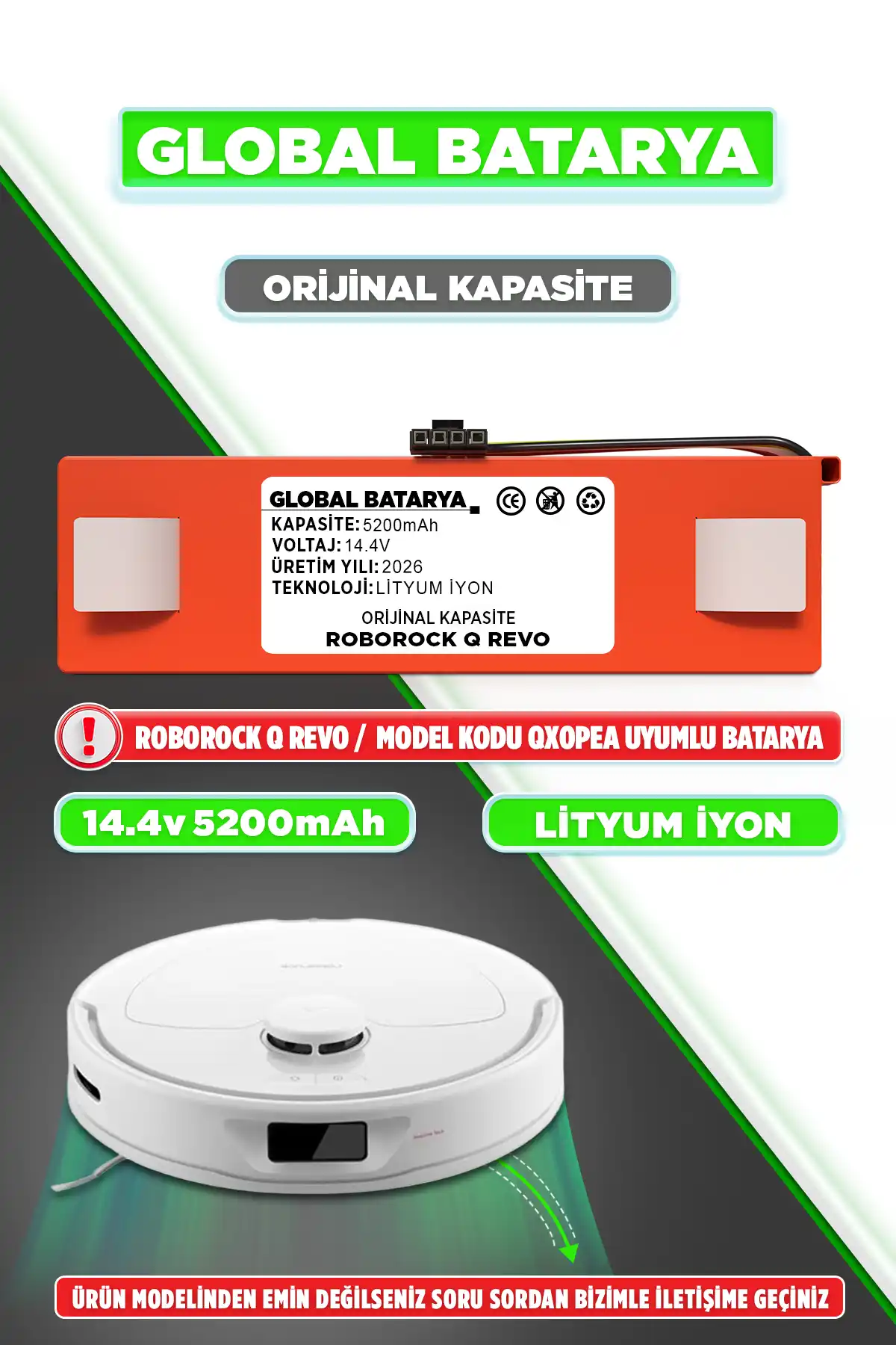 Roborock Q Revo Uyumlu Robot Süpürge Bataryası 14.4v 5200mah Li-ion Pil  Kapasite