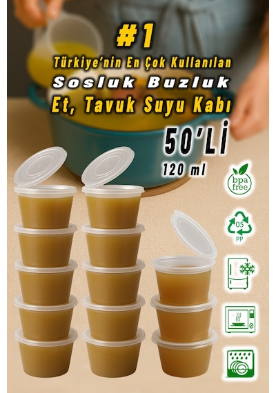 50 Adet Sızdırmaz 120 Ml Mini Saklama Kabı Sosluk Buzluk Kabı, Et Suyu, Kemik Suyu, Sos Kabı Mutfak Diğer