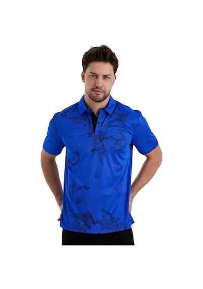 Gölge Desenli Spor Polo Yaka Erkek Kısa Kol Tişört Saks Mavi