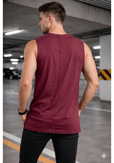 Erkek Kolsuz Regular Fit Basic Atlet Yan Yırtmaçlı Pis Yaka Tişört Bordo