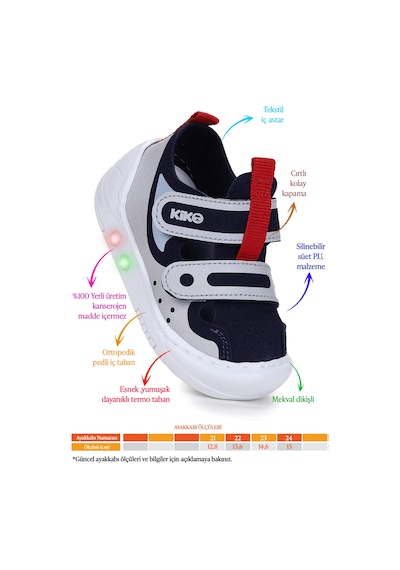 Kiko Kids Nera Cırtlı Işıklı Erkek Bebek Yürüyüş Spor Ayakkabı Lacivert - Mavi