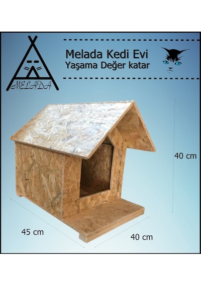 Melada Kedi Evi Dış Ortam Uygun Ahşap Kedi Evi Osb 45x40x40 Cm