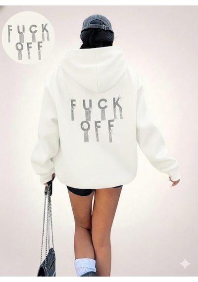 Afri Kadın Ekru Oversize Kapüşonlu Sweatshirt Taş Detaylı F Ck Off Yazılı Rahat Günlük Kapüşonlu Üst Ekru