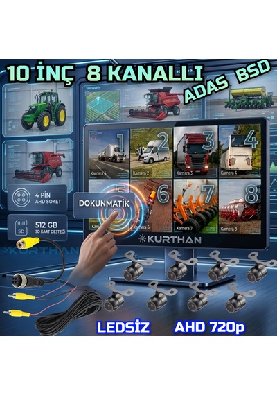8 Adet Ledsiz Ahd 720p Kelebek Kamera 8 Ch 10 İnç Dokunmatik Ekran 512 Gb Dvr Adas Bsd 12 Volt