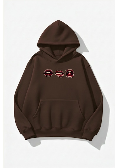 Uyguntarz Unisex Yumuşak Dokulu 3'lü Dudak Baskılı Tasarım Oversize 3 İplik Hoodie Sweatshirt Kahverengi