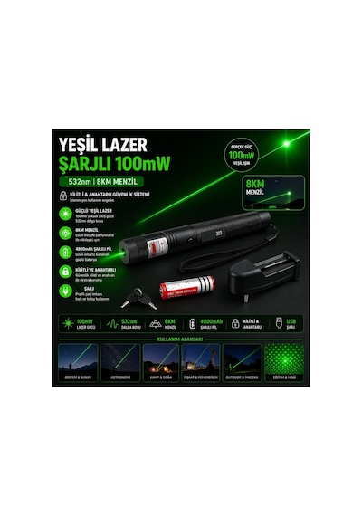 Laser 303 Yeşil Lazer Şarjlı 100mw 532nm 8km Menzil Kilitli Anahtarlı 4800mah Şarjlı Pil Green Laser Pointer Siyah