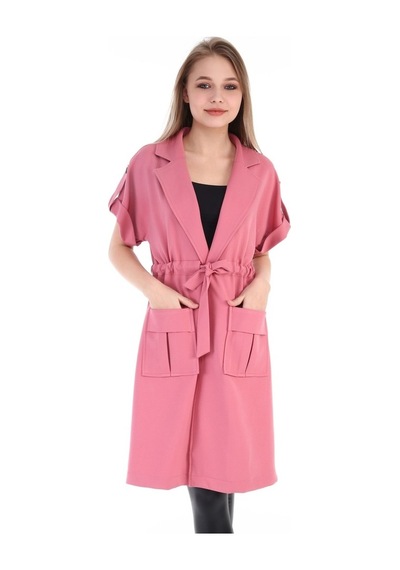 Mono Yaka Beli Tünelli Cepli Apoletli Kısa Kollu Pembe Yelek