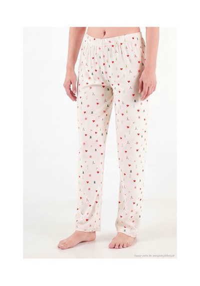 Lela Desenli Yumuşak Dokulu Uzun Kollu Pijama Takımı Kadın Pijama Takımı 6575016 Krem