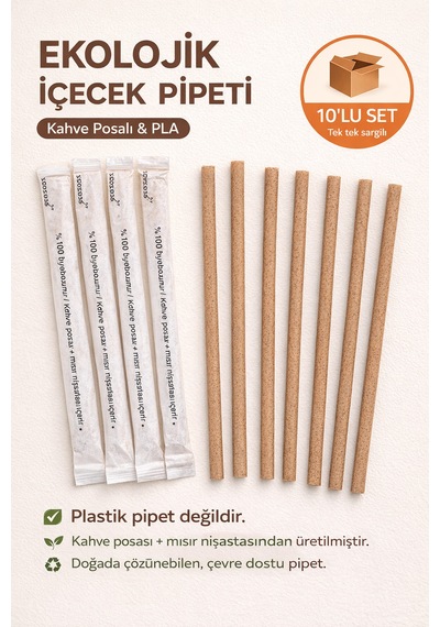 10'lu Wastepresso Ekolojik Pla Pipet 8x240 Mm Kompostlanabilir, Sargılı, Kahve Posalı