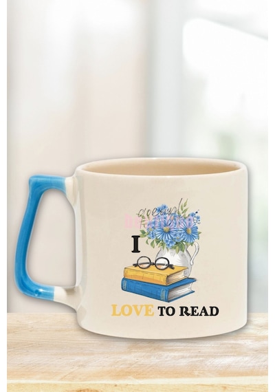 I Love To Read Yazılı Kitap Okuma Aşkı Hediyelik Kulplu Kupa Bardak MAvi
